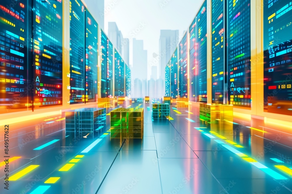 Obraz premium Futuristic cityscape powered by AI, demonstrating the application of artificial intelligence in urban planning and smart city technologies.