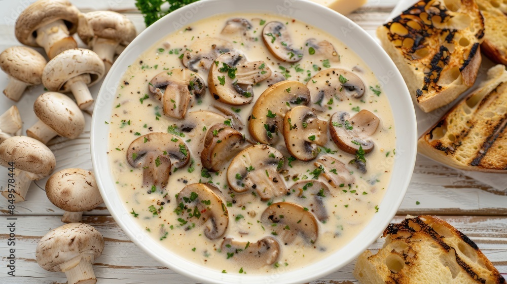 mushroom cream soup served with mushrooms and sourdough toasts arranged on a rustic wooden background. mushroom cream soup served with mushrooms and sourdough toasts arranged on a rustic wooden background.