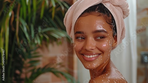 A young woman smiles as she exfoliates her skin in her bathroom. She has a pink towel wrapped around her head and a white substance covering her face and shoulders photo