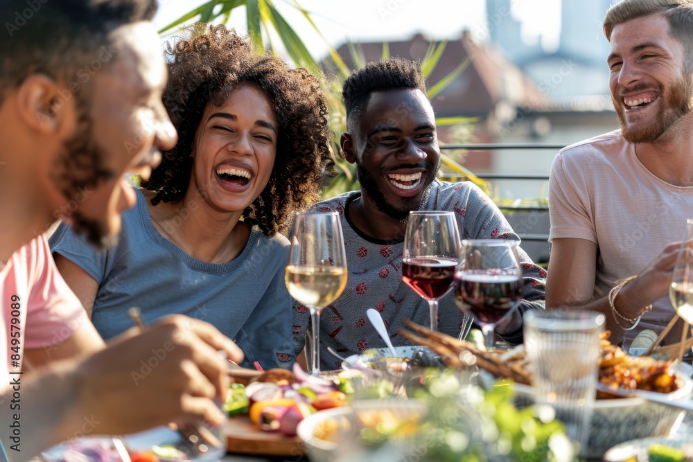 Happy friends having fun together at rooftop dinner party with wine and food on table, beautiful young woman laughing while sitting next to her boyfriend Happy friends having fun together at rooftop dinner party with wine and food on table, beautiful young woman laughing while sitting next to her boyfriend