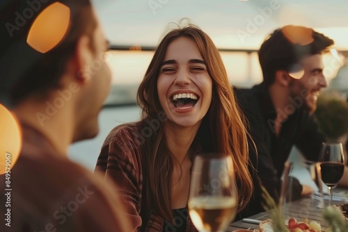 Happy friends having fun together at rooftop dinner party with wine and food on table, beautiful young woman laughing while sitting next to her boyfriend photo