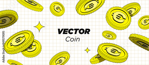 Bright gold Coins are falling or flying in white background. Flat style cartoon illustration. Use for gambling games, jackpot, bank, financial illustration or banners. Vector. Isolated elements