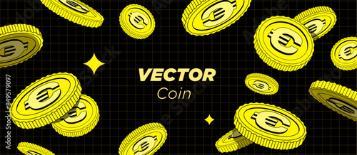 Bright gold Coins are falling or flying in black background. Flat style cartoon illustration. Use for gambling games, jackpot, bank, financial illustration or banners. Vector Flying coins