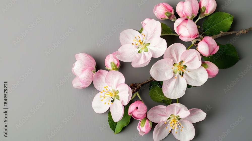 Fototapeta premium Beautiful spring apple blossoms on a pastel background, shown from a top view with copy space for text.