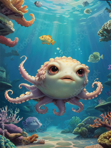 Anthropomorphic octopus and puffer fish swim together at the reef