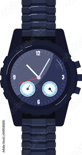 Digital wristwatch features dark blue dial, black band, two subdials, modern design, isolated white background. Analog watch sports large face numbers, sophisticated black band, navy details photo