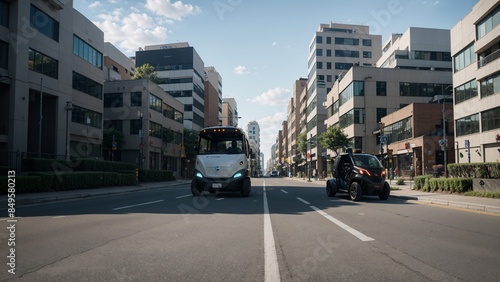 Futuristic autonomous delivery vehicles in an urban setting