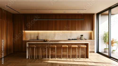 Elegant modern kitchen interior with a wooden finish and stylish bar stools