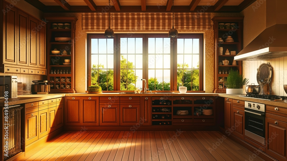 Warm, sunlit traditional kitchen interior with wooden cabinets and a scenic view. Warm, sunlit traditional kitchen interior with wooden cabinets and a scenic view.