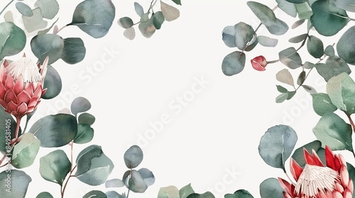 Elegant floral border created with eucalyptus leaves and protea flowers on a white background, ideal for abstract and best-seller wallpaper photo