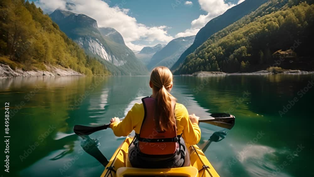 Girl in Canoe Embracing Fjord Majesty Girl in Canoe Embracing Fjord Majesty