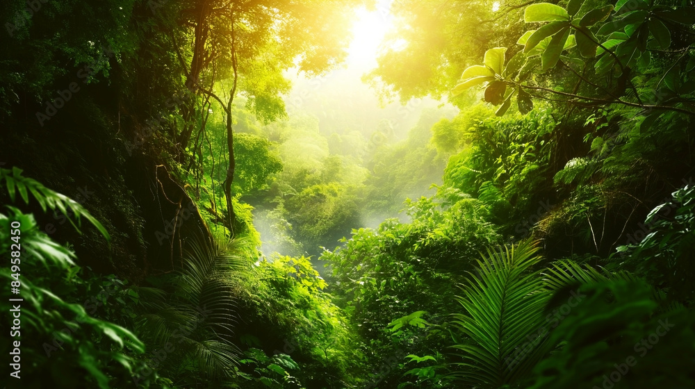Fototapeta premium Lush green rainforest with vibrant foliage and a radiant sunrise breaking through