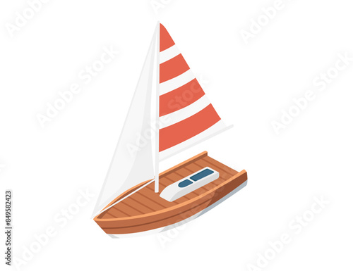 Isometric boat with red striped sail simple design vector illustration isolated on white background