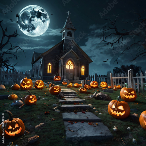 Realistic panorama, Spooky Halloween landscape at midnight, skulls with menacingly glowing eyeholes, sinister Halloween pumpkins with wicked grins, old photo