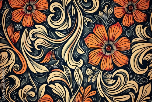 A vintage-style wallpaper depicting ornate floral and swirl patterns, an abstract background with best-seller potential