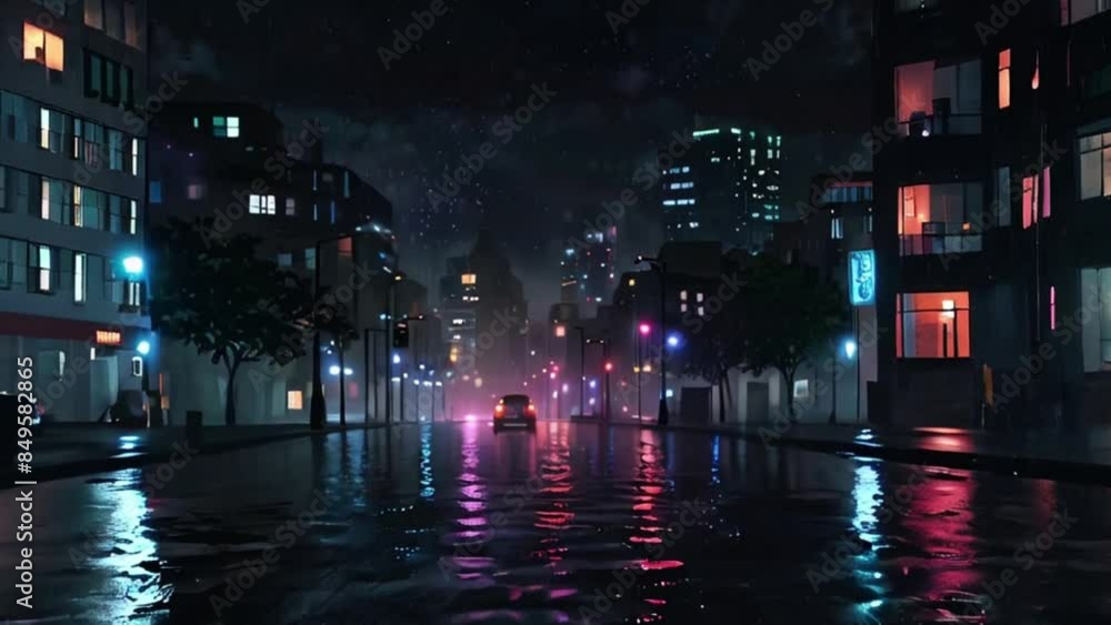 Rainy Night in the City with Neon Lights Reflecting on Wet Streets Rainy Night in the City with Neon Lights Reflecting on Wet Streets