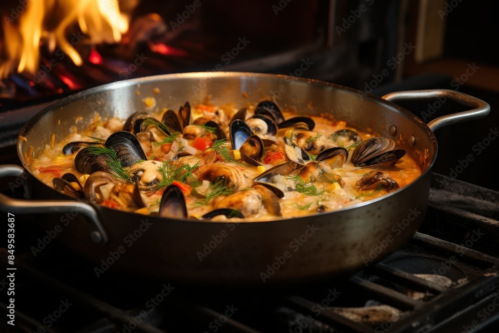 A large silver pot filled with seafood and vegetables A large silver pot filled with seafood and vegetables