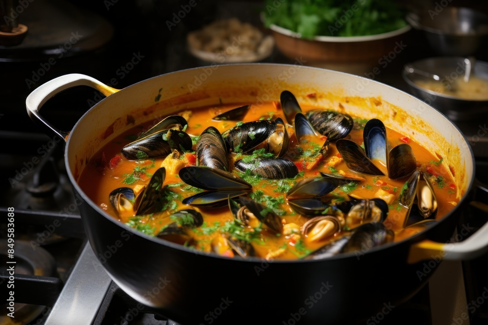 A large silver pot filled with seafood and vegetables A large silver pot filled with seafood and vegetables