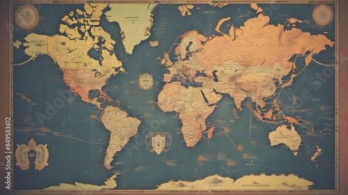 A vintage style world map, wide