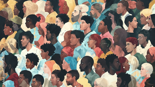Colorful illustration of a diverse group of people in profile from various ethnic backgrounds. photo