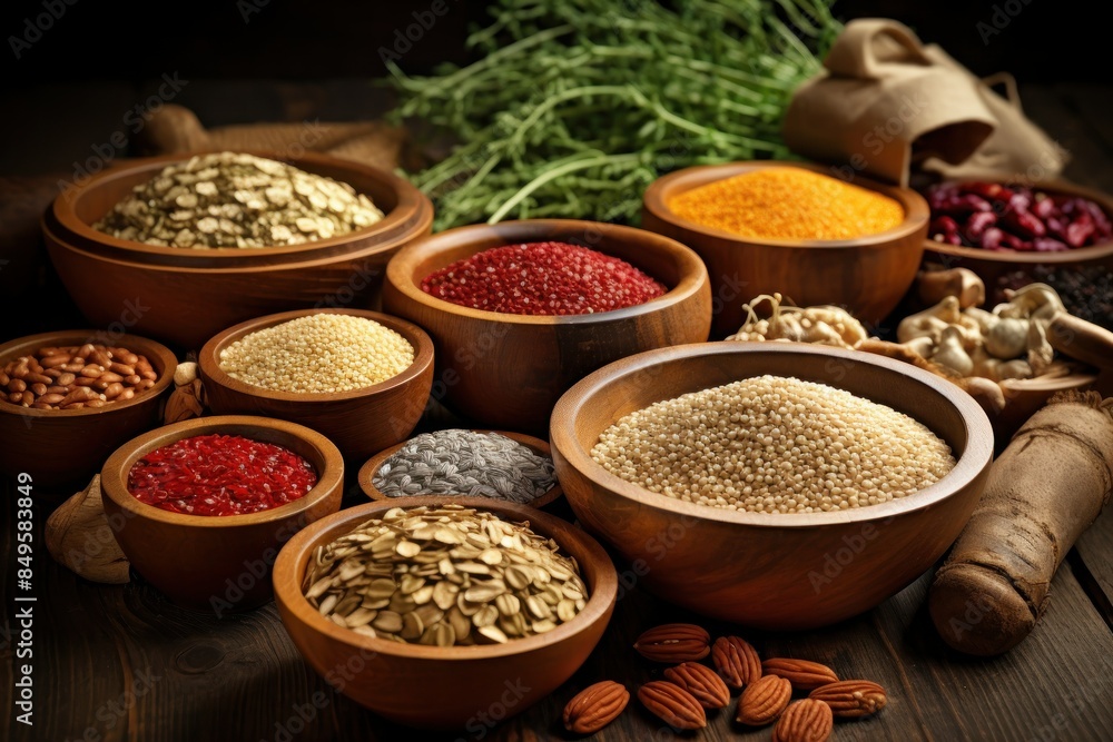 A variety of spices and nuts are displayed in wooden bowls on a wooden table A variety of spices and nuts are displayed in wooden bowls on a wooden table