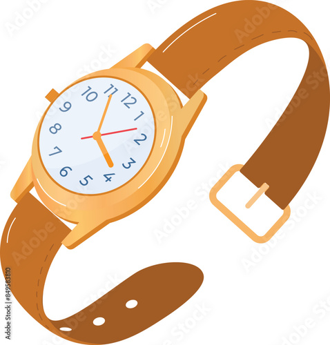 Elegant brown wristwatch precise clock golden bezel isolated white background. Stylish analog wristwatch modern leather strap accurate timekeeping. Fashionable classy accessory round face stylish