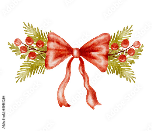 Watercolor Christmas bow composition with fir tree branches and red berries