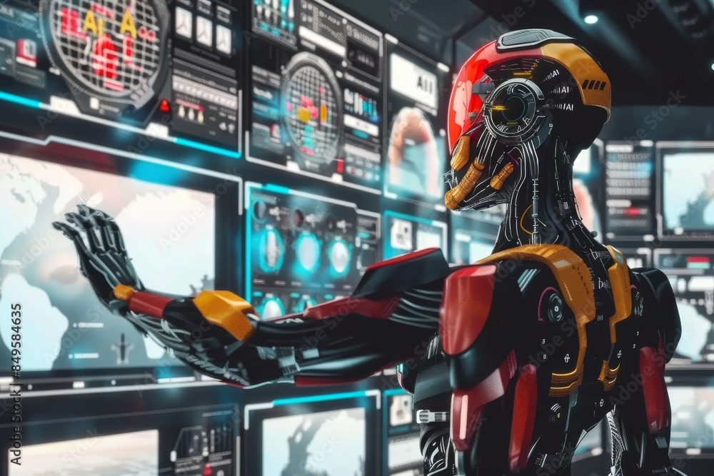 Obraz premium Futuristic robotic arm engaged in advanced manufacturing with AI assistance in a high tech environment, showcasing precision and automation.