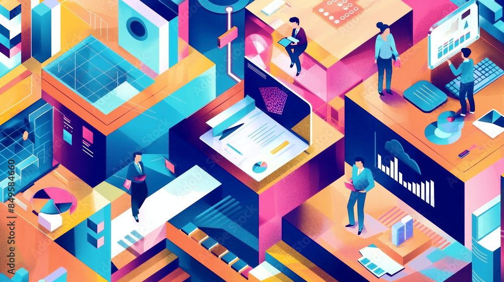 Vibrant illustration of a bustling technology office with employees working at various stations Vibrant illustration of a bustling technology office with employees working at various stations