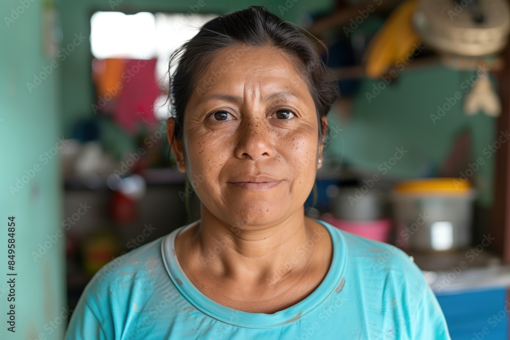 Fototapeta premium portrait of an average hispanic woman, everyday life.no make up, real people, looking at the camera