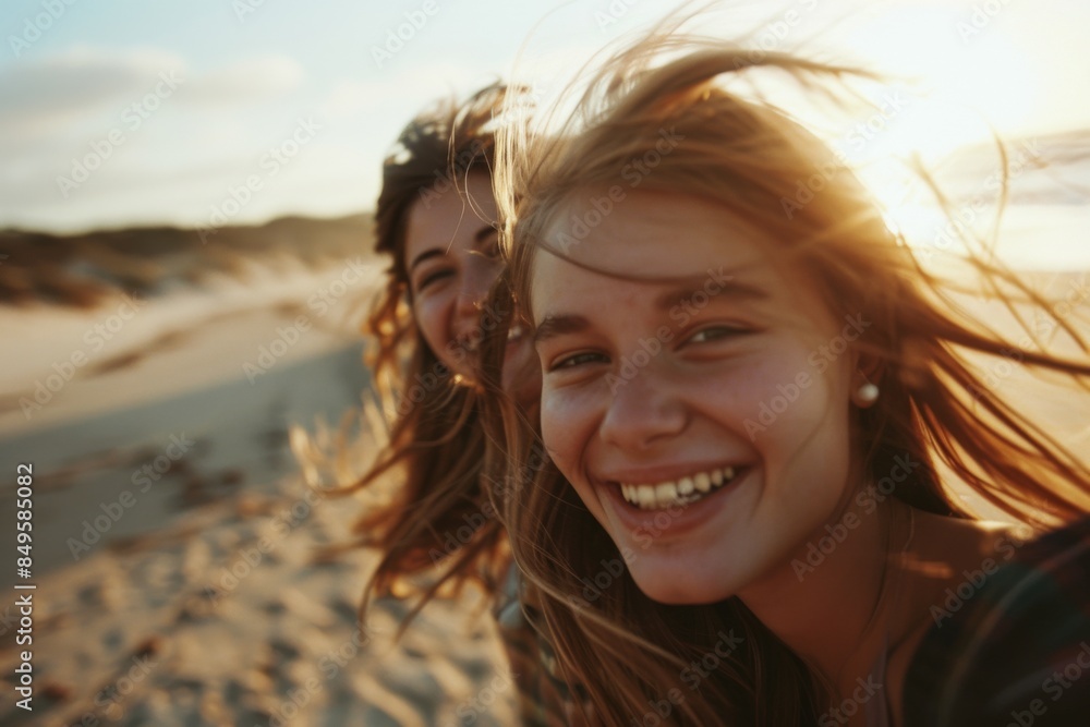 Two cheerful young women smiling and having fun on the beach at sunset. They are enjoying a carefree and happy moment together. Two cheerful young women smiling and having fun on the beach at sunset. They are enjoying a carefree and happy moment together.