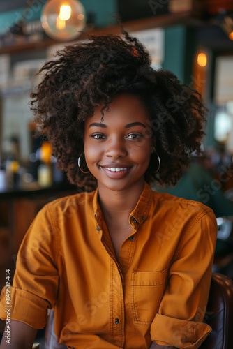 African American female customer smiling confidently in hair salon.