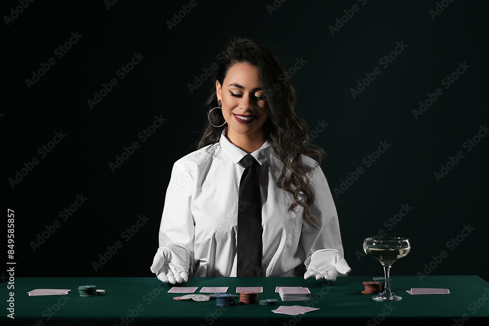 Beautiful African-American woman sitting at poker table with playing cards, chips and glass of champagne on black background Beautiful African-American woman sitting at poker table with playing cards, chips and glass of champagne on black background