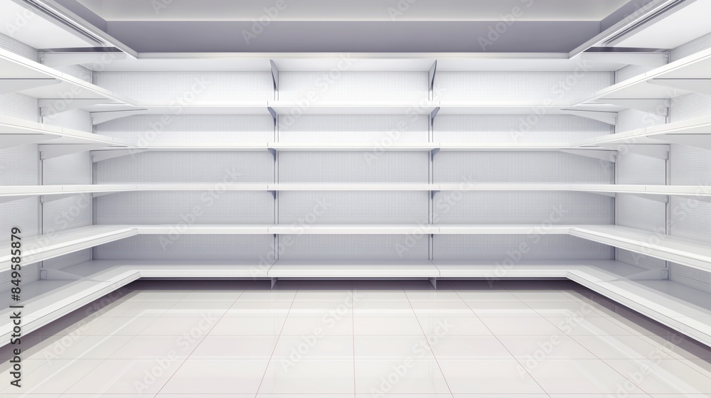Obraz premium Empty white supermarket shelves in a clean and bright store environment.
