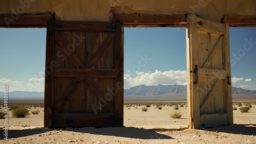 Door opened to desert. Unknown and novel idea photo