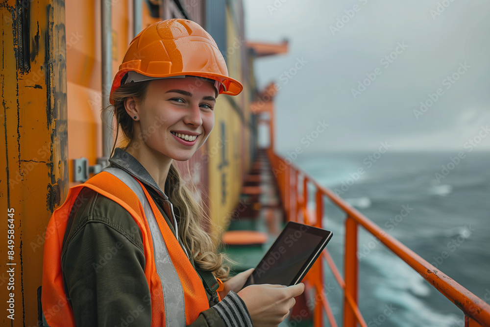 A Caucasian female employee is using a tablet to check cargo on a container ship sailing at sea. A Caucasian female employee is using a tablet to check cargo on a container ship sailing at sea.