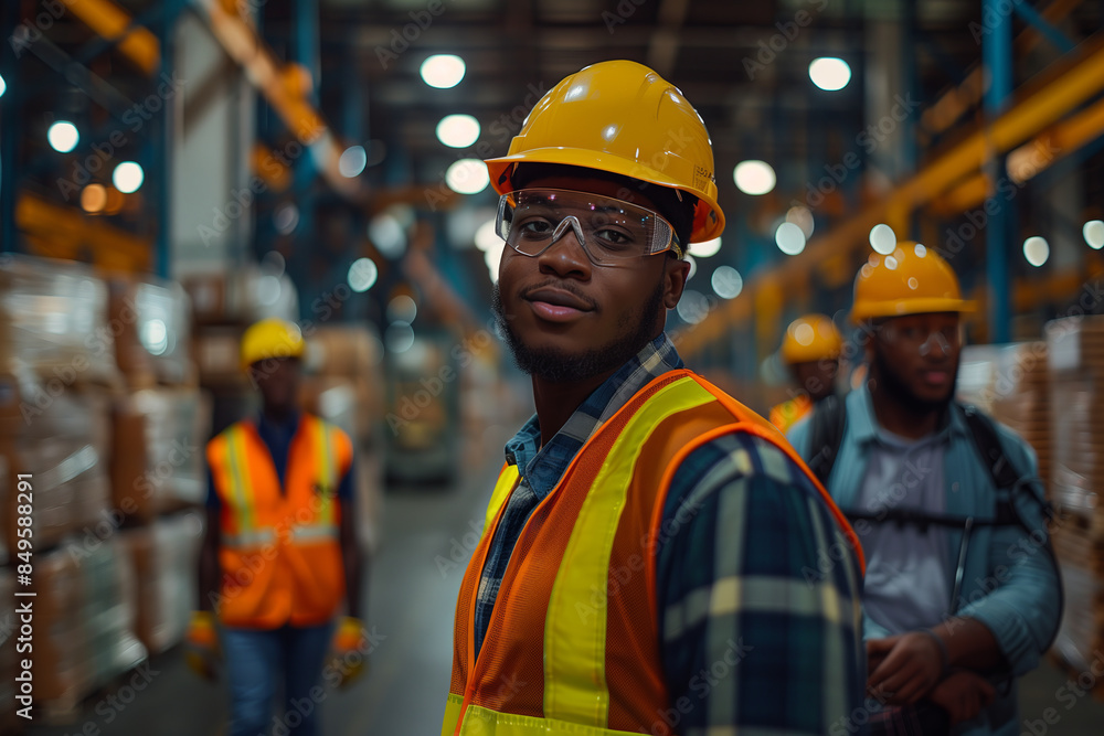 African American male employee in uniform working in a factory warehouse. African American male employee in uniform working in a factory warehouse.