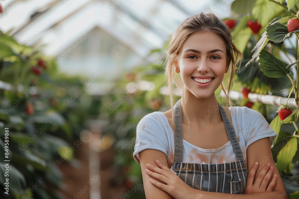 Caucasian woman smiles with confidence in greenhouse growing strawberry plants. Caucasian woman smiles with confidence in greenhouse growing strawberry plants.