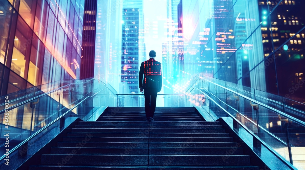 Businessman ascending stairs in a futuristic cityscape with digital stock market overlays Businessman ascending stairs in a futuristic cityscape with digital stock market overlays
