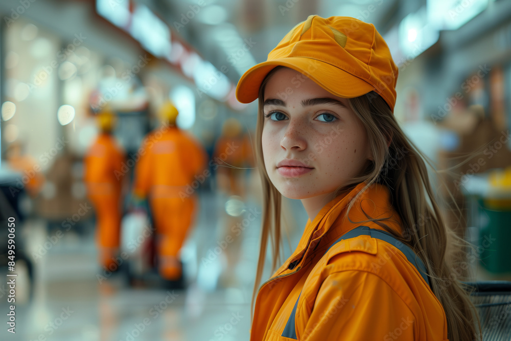 Caucasian female cleaner in uniform looking at camera with confidence in shopping mall. Caucasian female cleaner in uniform looking at camera with confidence in shopping mall.