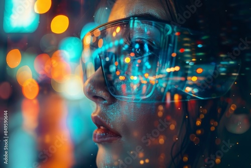 Wallpaper Mural Woman Wearing Futuristic Glasses in Neon Cityscape Torontodigital.ca