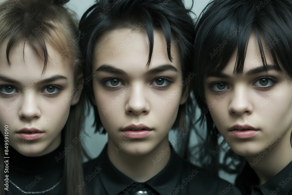 Close up portrait of three young Caucasian goth friends wearing black clothes with intense facial expressions are looking at the camera Close up portrait of three young Caucasian goth friends wearing black clothes with intense facial expressions are looking at the camera
