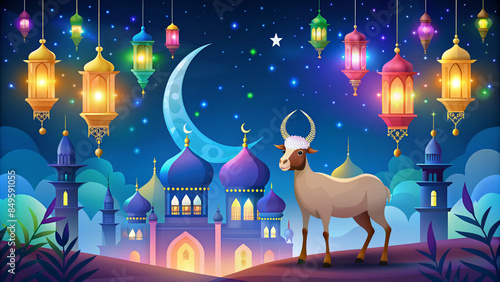 Eid ul Adha Mubarak Theme - Goat Standing with Islamic Lantern Lights photo