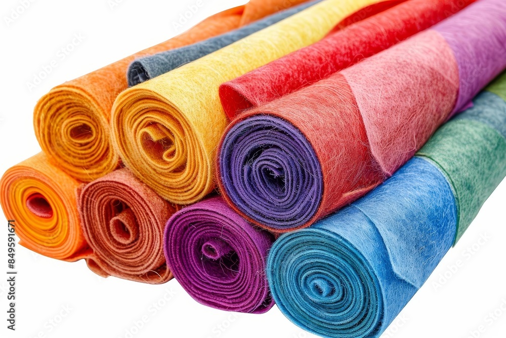 Colorful rolls of fabric lined up in a row. Vibrant textile materials perfect for crafting and DIY projects. Bright and beautiful hues, white background