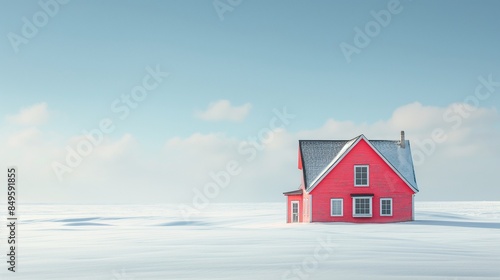 The image features a solitary, coral pink house situated on a vast expanse of white snow