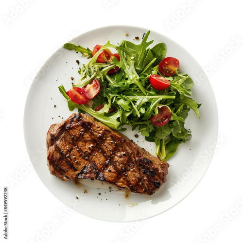 Plate of Grilled Steak and Salad with Tomatoes Isolated on a Transparent Background 