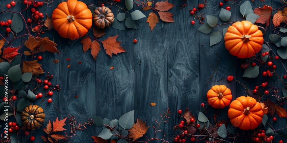 Autumn Pumpkins, Leaves, and Pine Cones on Dark Background Autumn Pumpkins, Leaves, and Pine Cones on Dark Background