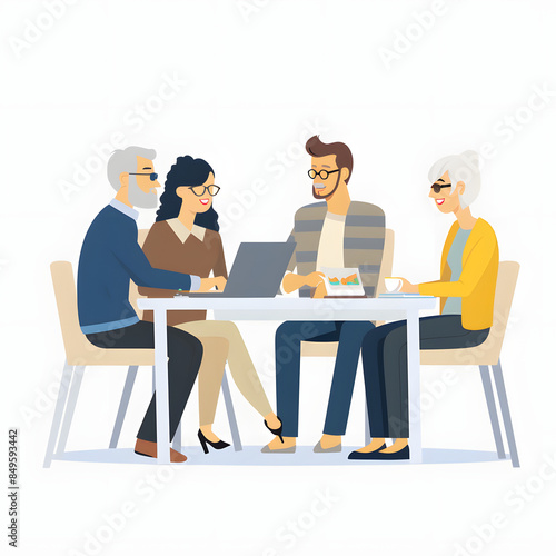 a multi generational group of coworkers collaborating in a modern office, working together on tasks and discussing project solutions isolated on white background, flat design, png photo