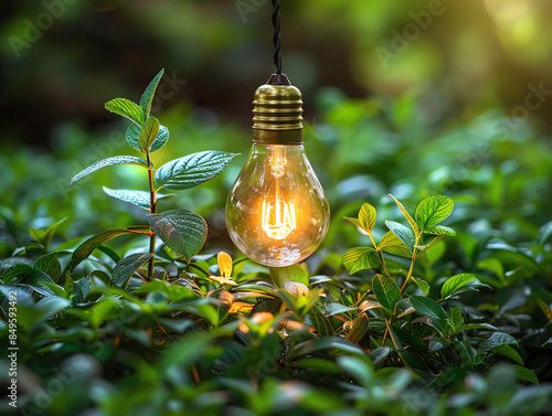 A glowing light bulb hangs amidst vibrant greenery, symbolizing the brilliance of ideas and the harmony between nature and innovation.