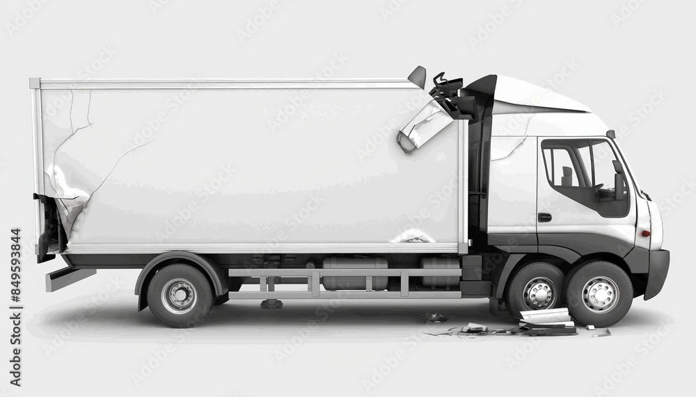 A 3D generated image of a white delivery truck with a damaged side, isolated on a white background A 3D generated image of a white delivery truck with a damaged side, isolated on a white background